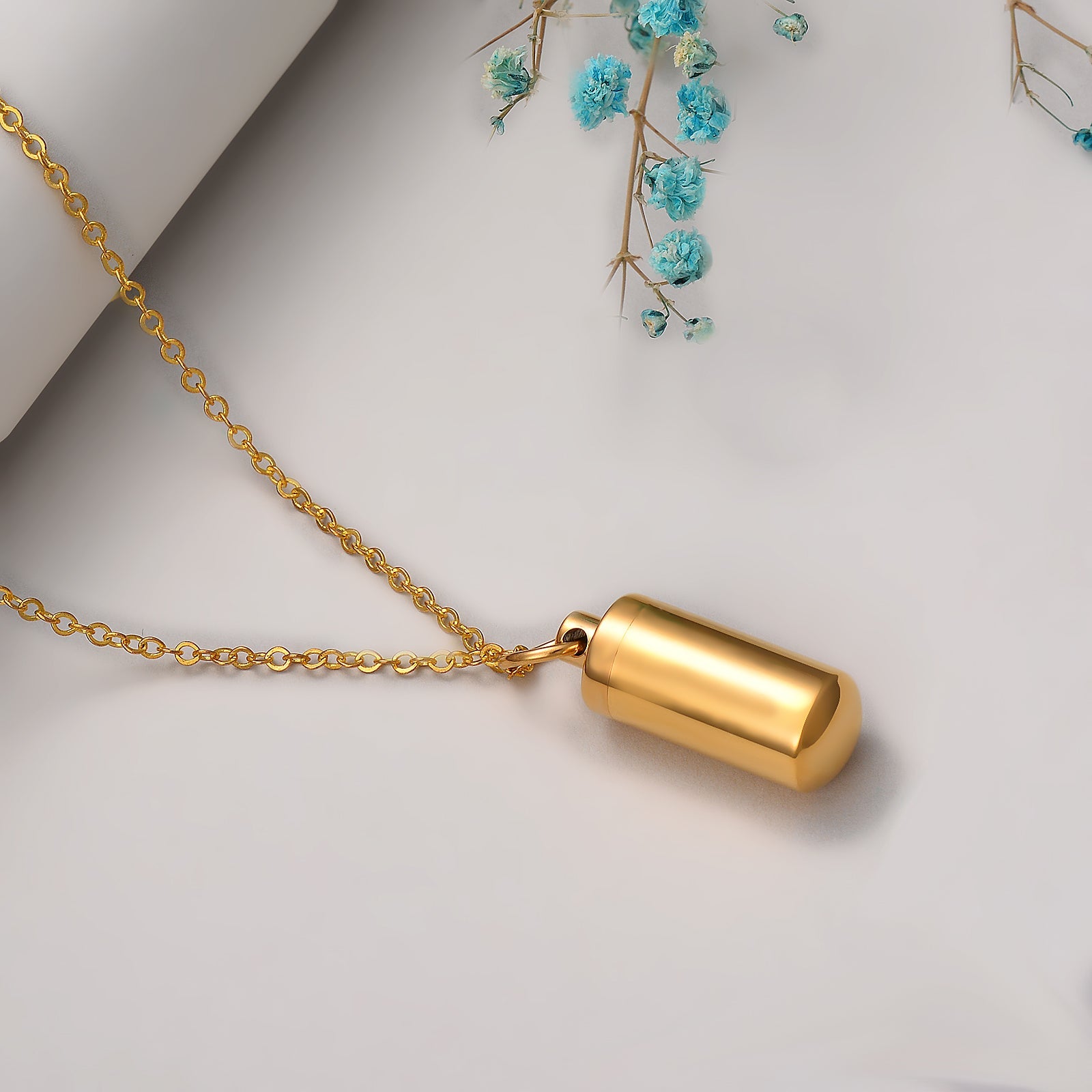 Goldener Edelstahl-Urnenanhänger, zylindrisch, für Asche, Gedenkschmuck, Halskette.