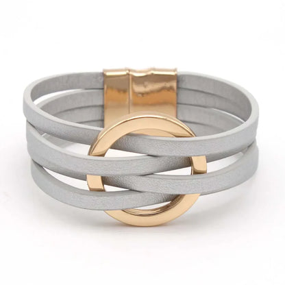 Damen Armband Leder grau mit goldener Schnalle, modisches Accessoire, elegantes Design.