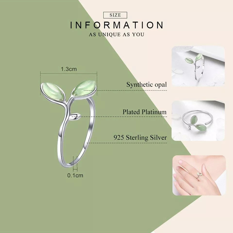 Silberring mit synthetischem Opal, Blattdesign, 925 Sterling Silber, plattiertes Platin.