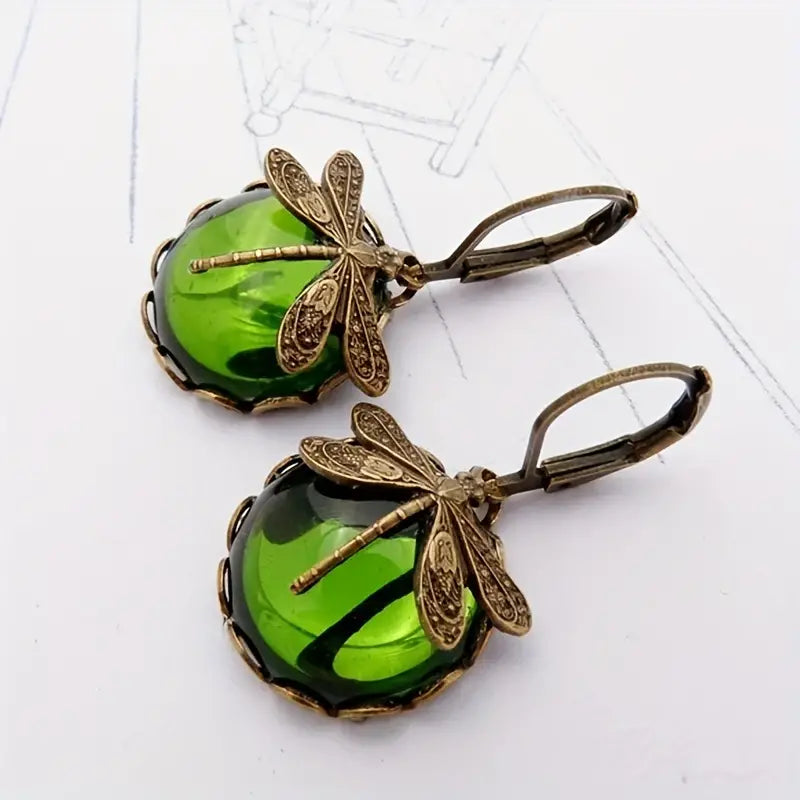Grüne Ohrringe mit Libellen-Design, Vintage-Stil, Messing, Schmuck für Damen.