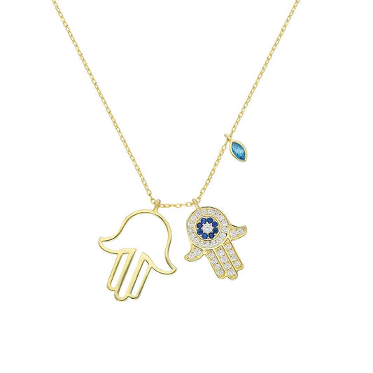 Goldene Hamsa-Halskette mit blauen Kristallen, Damen-Schmuck, modisches Accessoire.