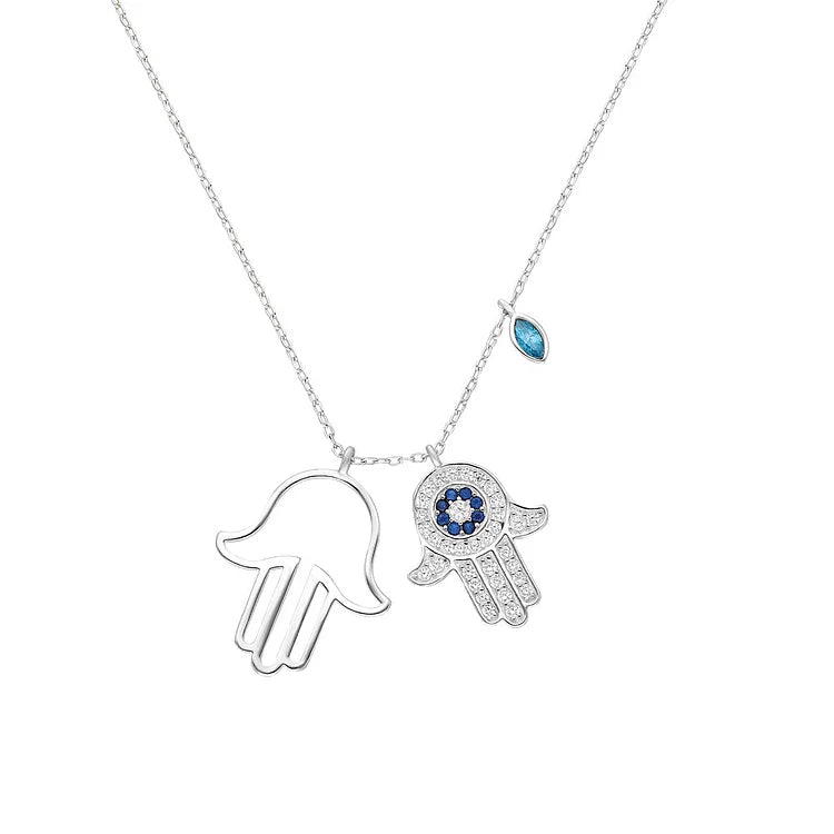 Silberne Hamsa-Halskette mit blauen Kristallen, Damen-Schmuck, modisches Accessoire.