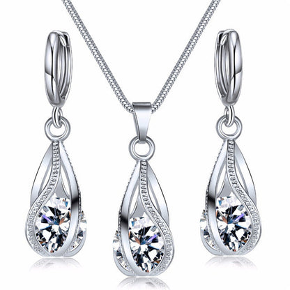 Silberne Zirkonia Halskette und Ohrringe Set, eleganter Kristallschmuck für Frauen Hochzeit.