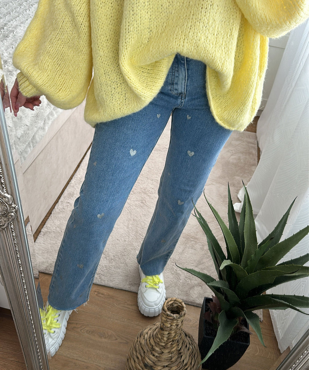 Damer stretchjeans med vide ben og hjerteprint - Amelie