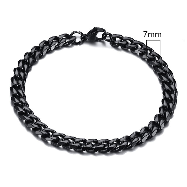 Schwarzes Edelstahlarmband, 7mm, kubanische Gliederkette, Herren, modisch, robust.