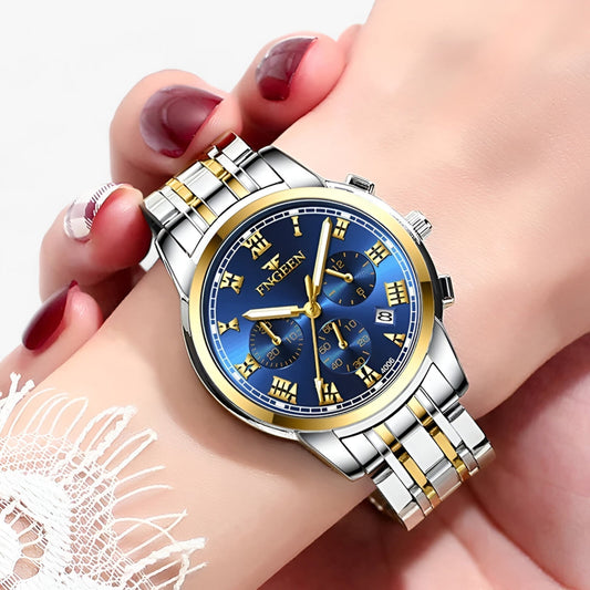 Luxus Herrenarmbanduhr, Edelstahl, blaues Zifferblatt, goldene Akzente, Chronograph, elegant.