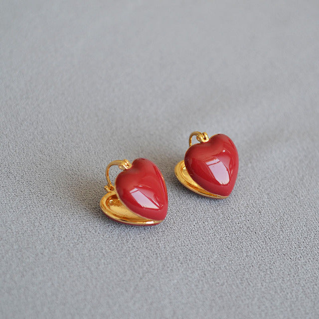 Rote Herz-Ohrringe aus Gold, koreanischer Stil, modisch, für Frauen, luxuriös.