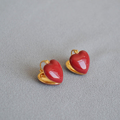 Rote Herz-Ohrringe aus Gold, koreanischer Stil, modisch, für Frauen, luxuriös.