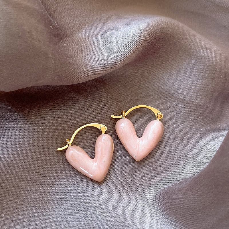 Goldene Herz-Ohrringe, rosa Emaille, koreanischer Stil, modisch, für Frauen.