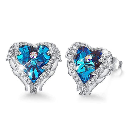 Blaue Engelsflügel Ohrringe mit Herzform, Kristallsteinen, silberne Fassung, Schutzengel Schmuck.