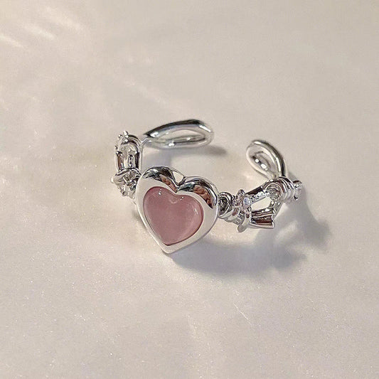 Silberner Herzring mit rosa Stein, verstellbar, Damenring, modisches Schmuckstück, Geschenkidee.