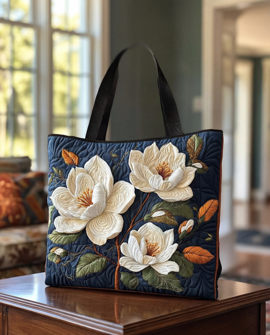 Mørkeblå vatteret totebag med sorte hanke og store hvide magnoliablomster med grønne og orange blade, stående på et træbord i en stue. 1