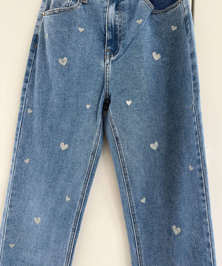 Damer stretchjeans med vide ben og hjerteprint - Amelie