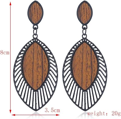 Holzohrringe Damen, oval, schwarz-braun, 8cm, 20g, modisch, leicht, Boho-Stil.