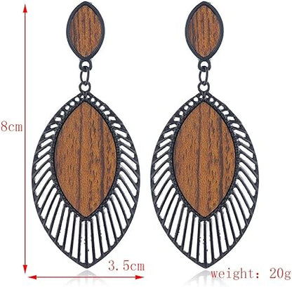 Holzohrringe Damen, oval, schwarz-braun, 8cm, 20g, modisch, leicht, Boho-Stil.