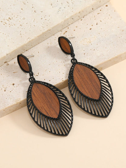 Holz-Ohrringe mit schwarzem Metallrahmen, oval, modisch, Damen-Schmuck, elegant.