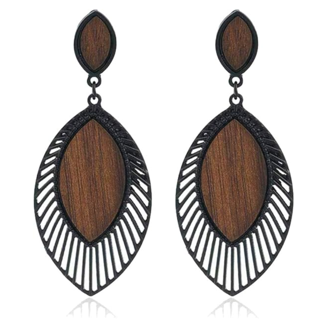 Schwarze und holzfarbene Ohrringe, oval, aus Metall und Holz, modisches Schmuckdesign.