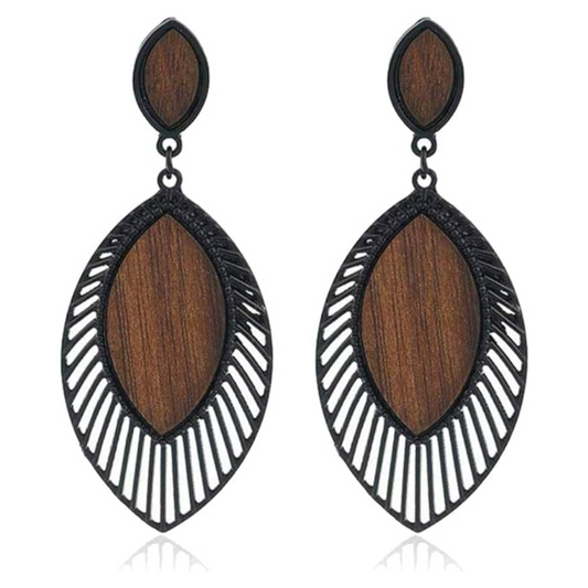 Schwarze und holzfarbene Ohrringe, oval, aus Metall und Holz, modisches Schmuckdesign.