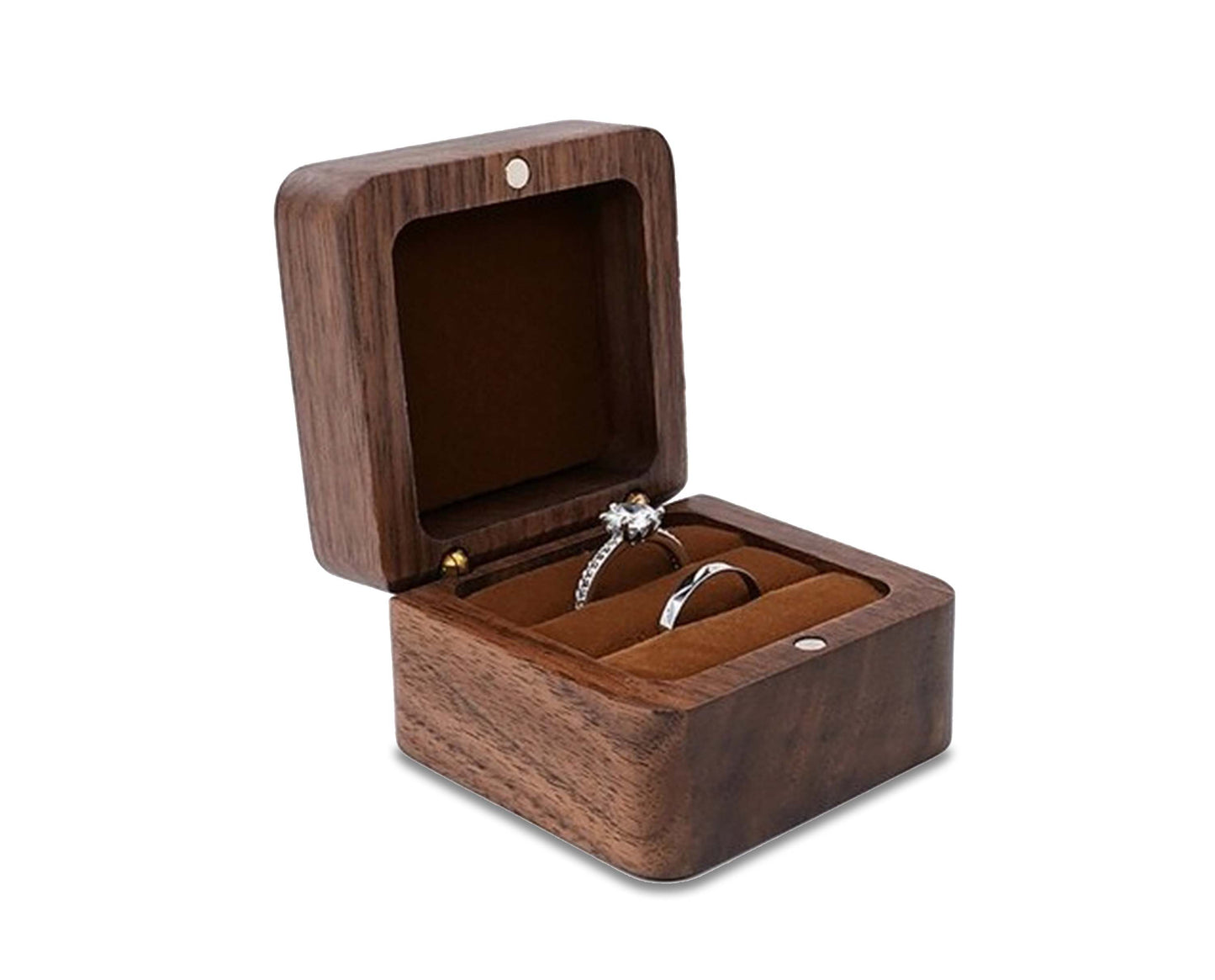 Offene Holz-Ringbox mit zwei silbernen Ringen, Schmuckaufbewahrung, Verlobungsring, Geschenk.
