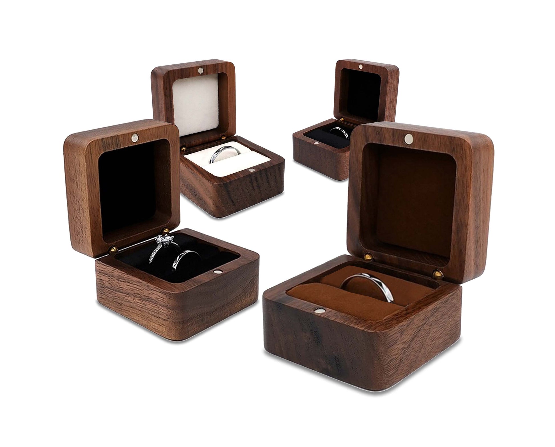 Luxuriöse Holz-Ringboxen mit Schmuck, ideal für Verlobung, Hochzeit, stilvolles Design.