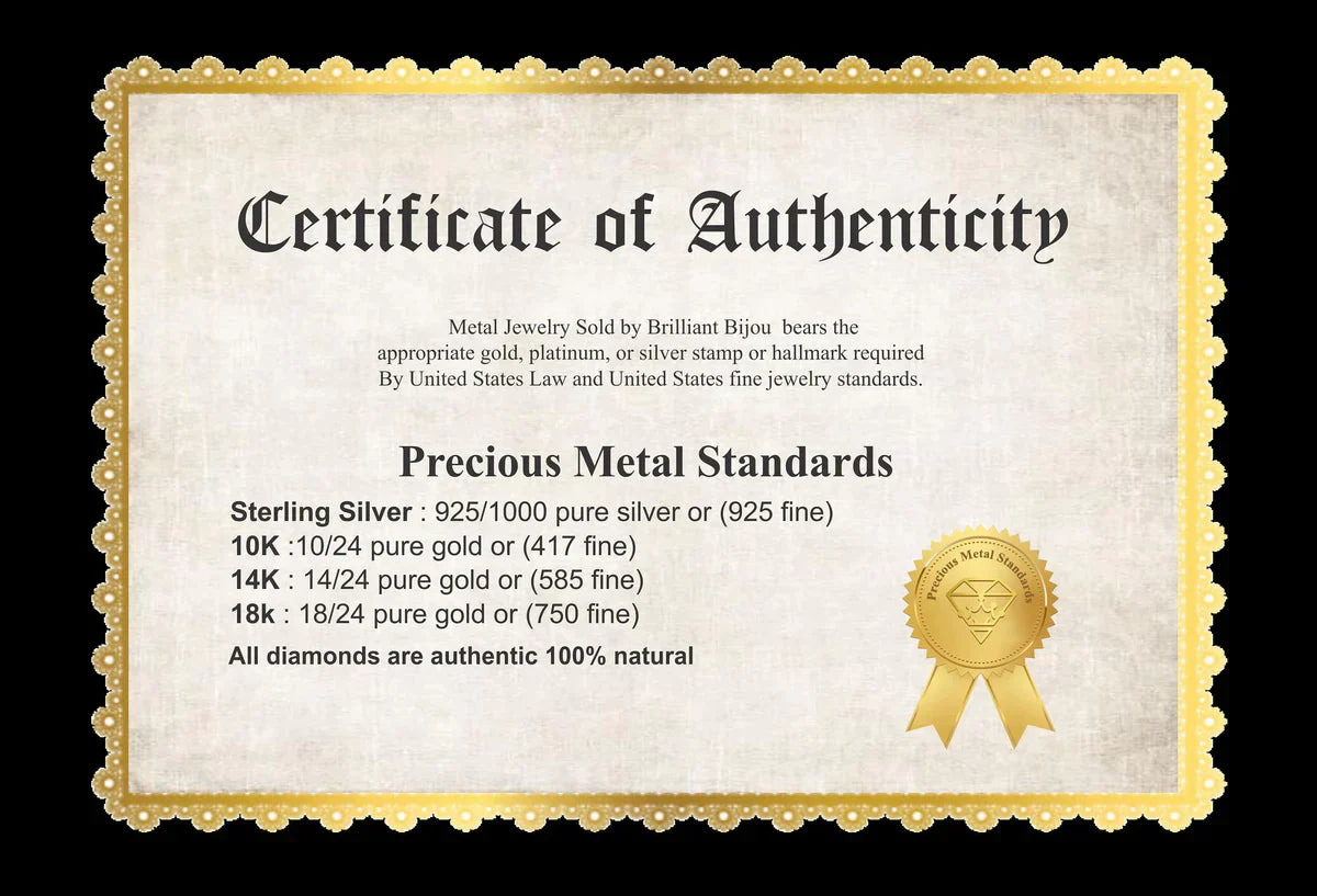 Zertifikat der Echtheit für Schmuck, Goldrand, Siegel, Standards für Edelmetalle, Englisch.