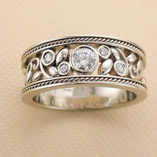 Silberring mit Diamanten, florales Design, Schmuck, Verlobungsring, luxuriös, handgefertigt.