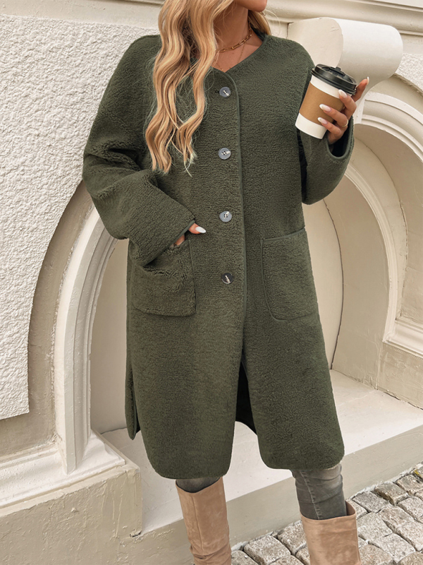 Lang fleece kvindejakke med knaplukning – Elara