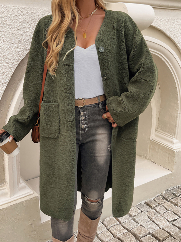 Lang fleece kvindejakke med knaplukning – Elara