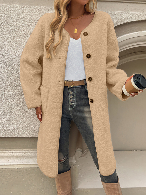 Lang fleece kvindejakke med knaplukning – Elara