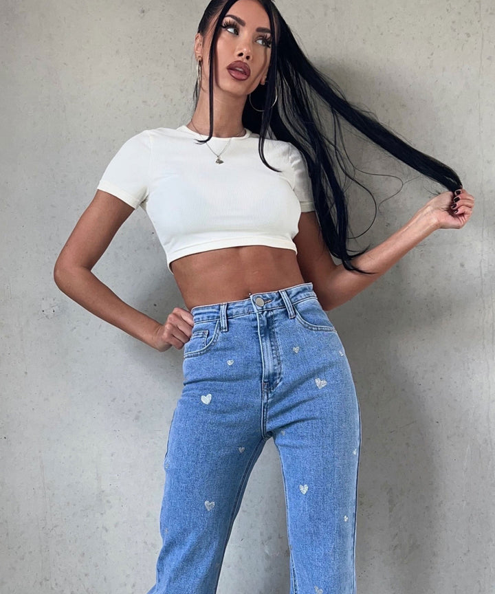Damer stretchjeans med vide ben og hjerteprint - Amelie