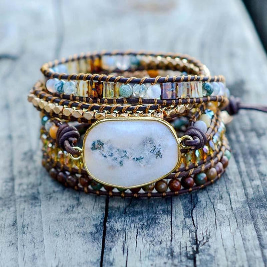 Boho Wickelarmband, Achat, Mondschein, handgemacht, mehrfarbig, Schmuck, Damen, Geschenkidee.