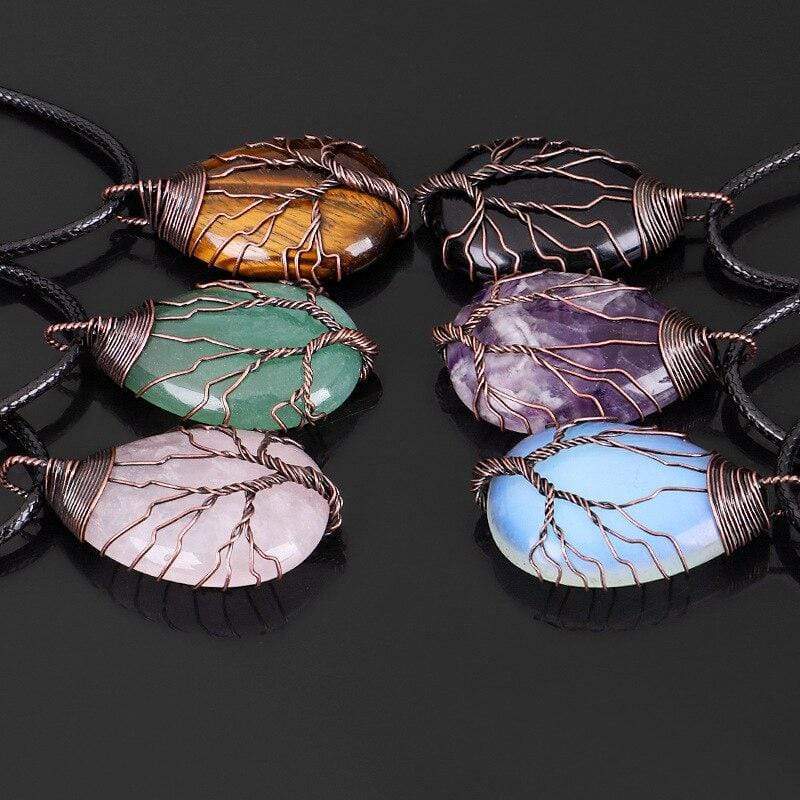Handgemachte Boho-Halsketten mit Amethyst, Tigerauge, Aventurin, Rosenquarz, Achat, Drahtdesign.