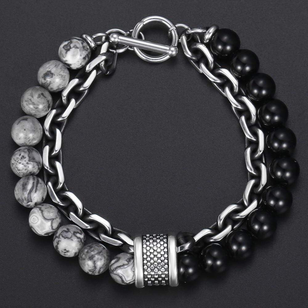 Schwarz-graues Steinperlenarmband mit Kette, Edelstahlverschluss, Herrenmode-Schmuck.