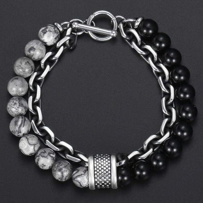 Schwarz-graues Steinperlenarmband mit Kette, Edelstahlverschluss, Herrenmode-Schmuck.