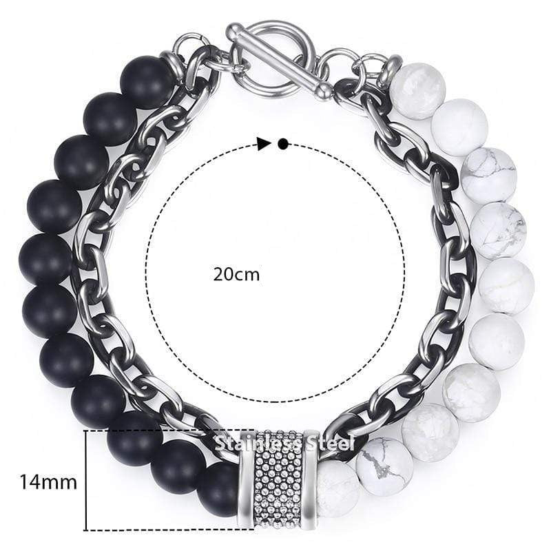 Schwarz-weiße Perlenarmband aus Edelstahl, 20cm, 14mm Perlen, modisches Schmuckstück.