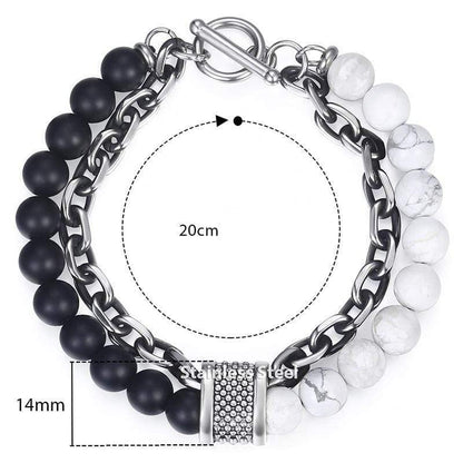 Schwarz-weiße Perlenarmband aus Edelstahl, 20cm, 14mm Perlen, modisches Schmuckstück.