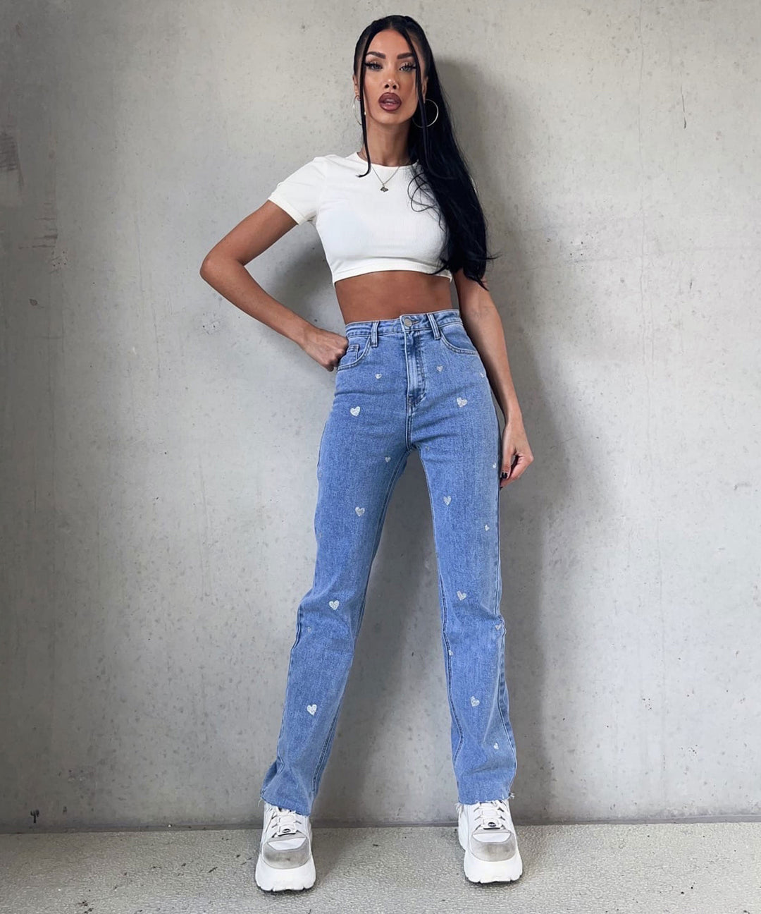 Damer stretchjeans med vide ben og hjerteprint - Amelie
