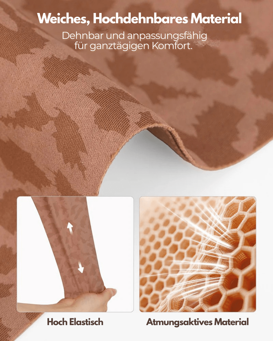 Nærbillede af det bløde, elastiske stof i brunt mønster, strakt med en hånd, ved siden af en tæt honeycomb-struktur. 2
