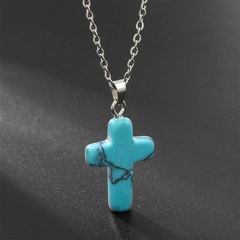 Türkisfarbener Kreuzanhänger an silberner Kette, Schmuck, modisch, elegant, Unisex.