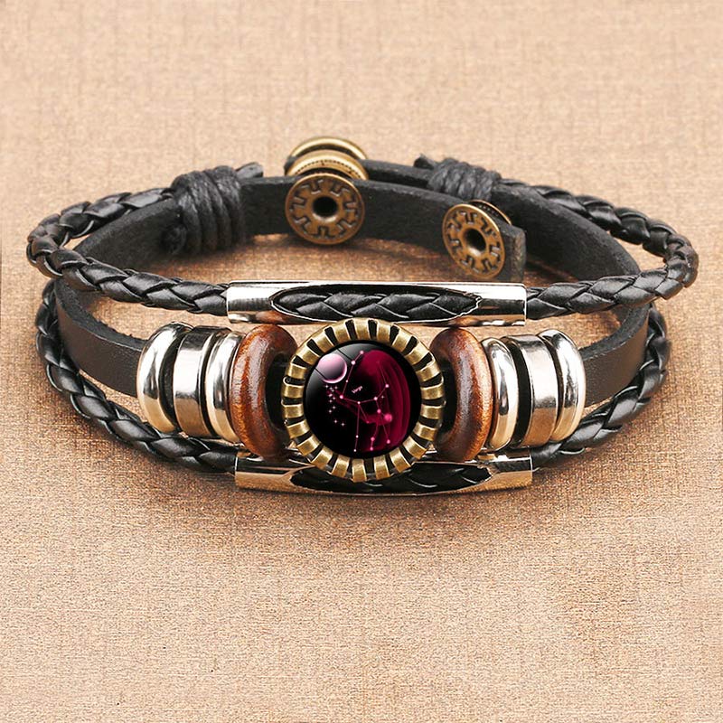 Vintage Lederarmband mit rotem Edelstein, geflochten, verstellbar, Unisex-Schmuck.