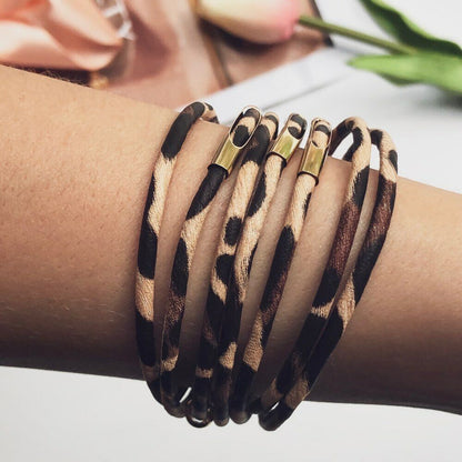 Leopard Armband Set, Damen, Leder, Goldverschluss, modisch, mehrlagig, Accessoire, Geschenkidee