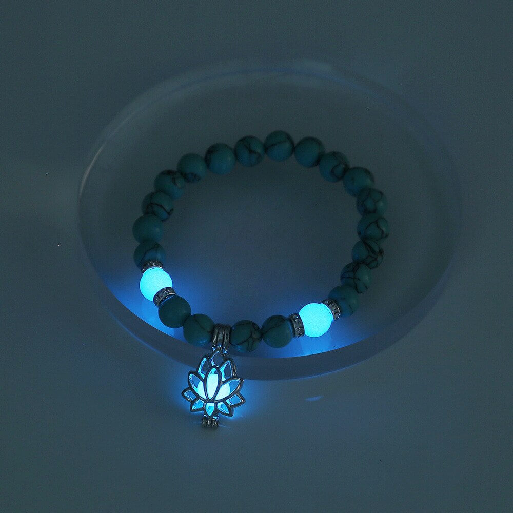 Leuchtendes Armband mit Lotus-Anhänger, türkisfarbene Perlen, Schmuck für Damen, Nachtleuchtend.