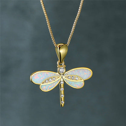 Goldene Libellen-Halskette mit Opal und Zirkonia, eleganter Schmuck, Damenaccessoire.