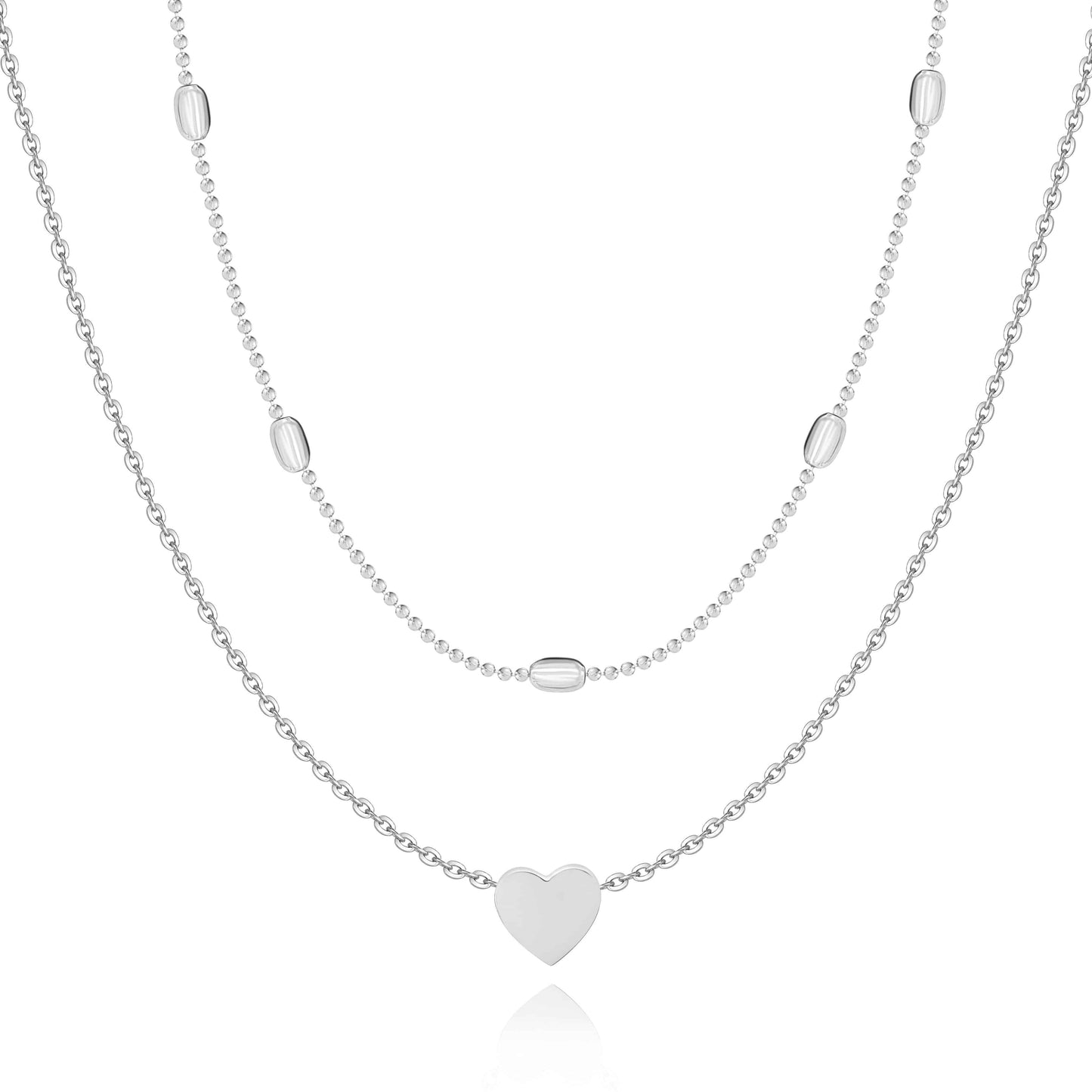 Silberne Herz-Halskette, doppellagig, Damen-Schmuck, modisch, elegantes Design.