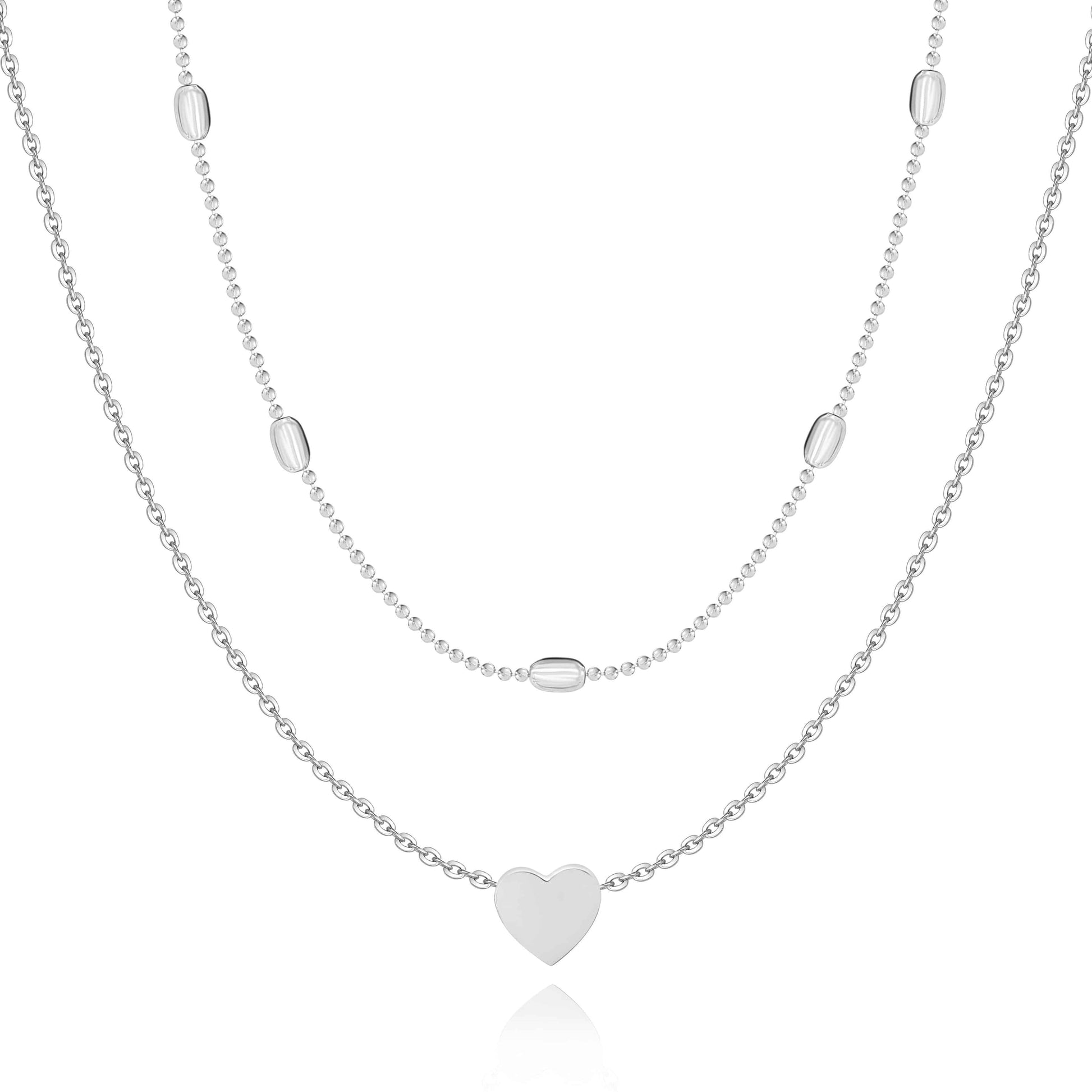Silberne Herz-Halskette, doppellagig, Damen-Schmuck, modisch, elegantes Design.