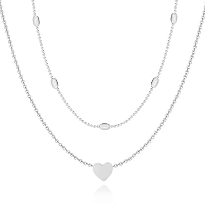 Silberne Herz-Halskette, doppellagig, Damen-Schmuck, modisch, elegantes Design.