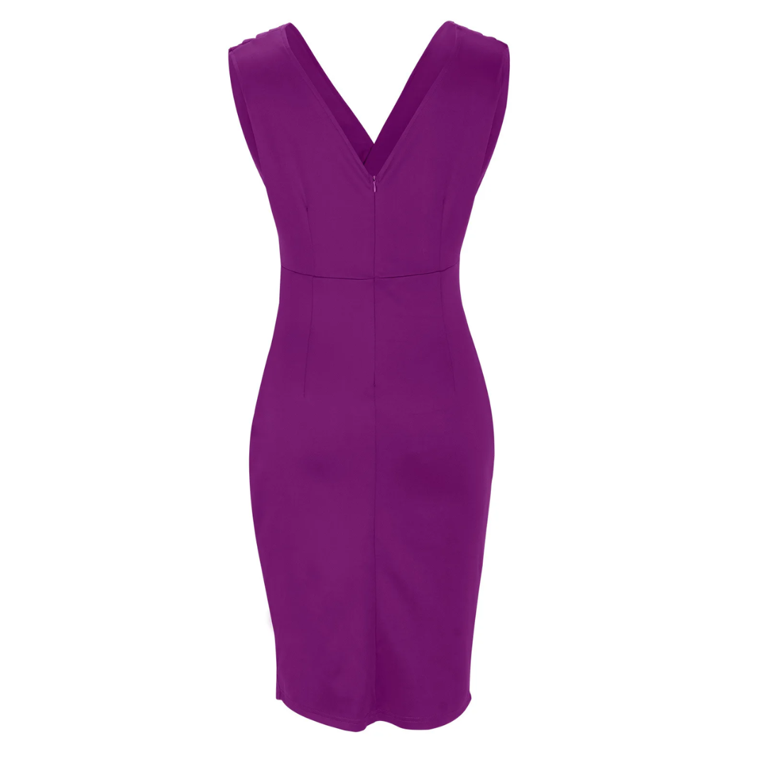 Lila ärmelloses Etuikleid, V-Ausschnitt, knielang, elegantes Design, Damenmode.
