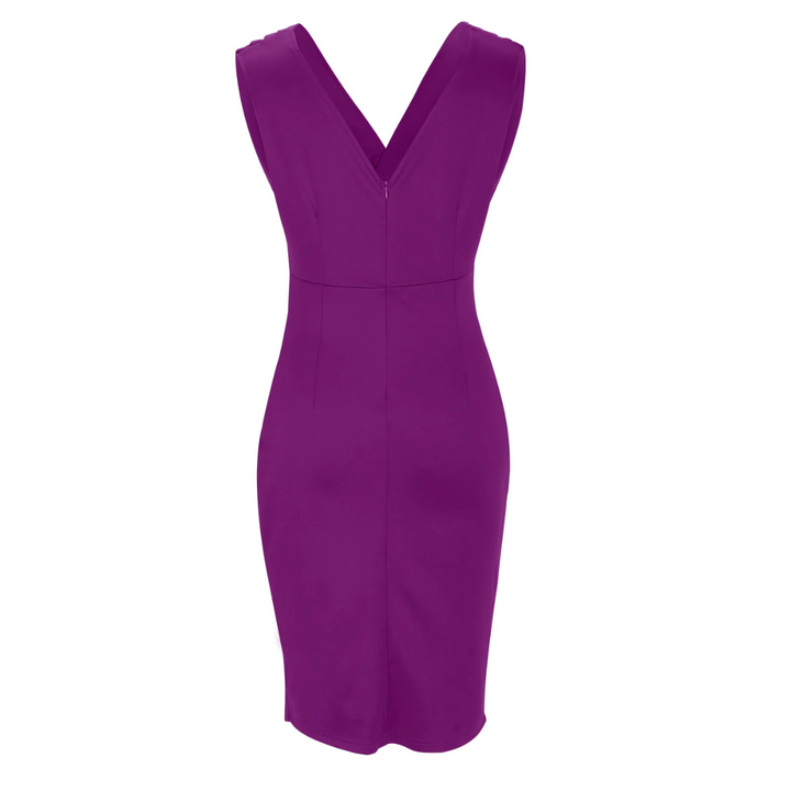 Lila ärmelloses Etuikleid, V-Ausschnitt, knielang, elegantes Design, Damenmode.