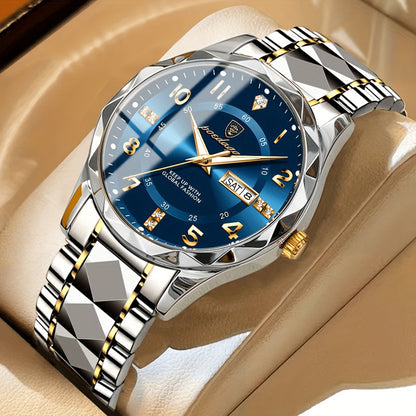 Luxus-Herrenuhr, Edelstahl, blaues Zifferblatt, goldene Akzente, Datumsanzeige, analog.