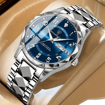 Luxus Herrenarmbanduhr, silbernes Edelstahlarmband, blaues Zifferblatt, Datumsanzeige.